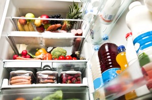 Refrigerator full of food close up