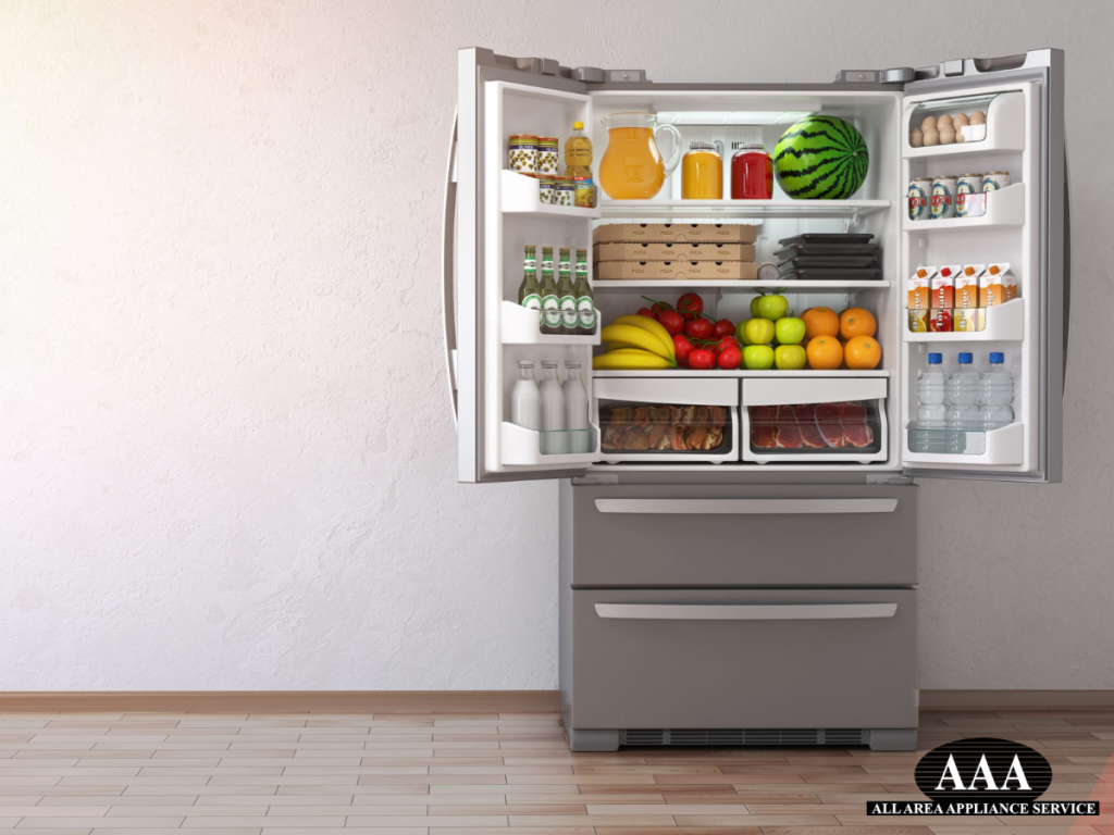 Modern refrigerator in a kitchen, perfect for illustrating refrigerator repair tips to fix a leaking fridge.